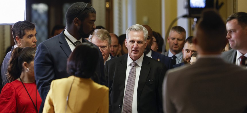 Speaker of the House Kevin McCarthy, R-Calif., speaks to reporters after leaving the House Chambers in the U.S. Capitol on Sept. 20, 2023. McCarthy continues to negotiate amongst the different factions of the Republican party to reach an agreement on legislation preventing a lapse in government funding, which would still need to pass in the U.S. Senate. 
