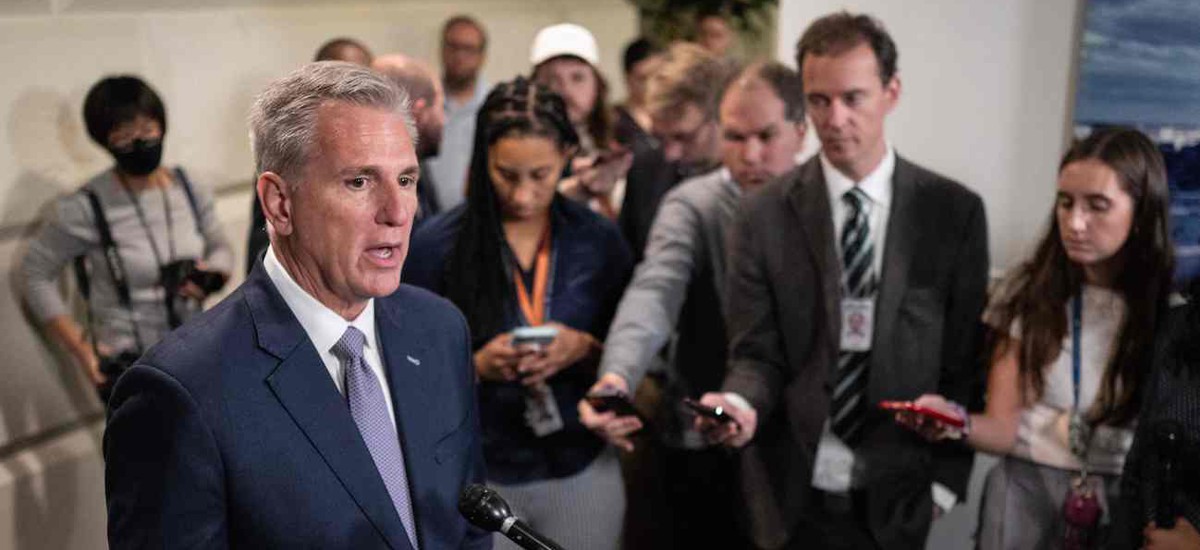 Speaker of the House Kevin McCarthy, R-Calif., speaks to the press after meeting with his caucus on Capitol Hill early on Sept. 30, 2023. The federal government  was hours from shutting down when the continuing resolution was passed. 