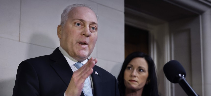 House Majority Leader Steve Scalise, R-La., talks to reporters after the House Republican conference nominated him to be Speaker of the House following a meeting in the Longworth House Office Building on Capitol Hill on Oct. 11, 2023. Scalise earned more votes than his opponent, House Judiciary Committee Chairman Jim Jordan, R-Ohio. 