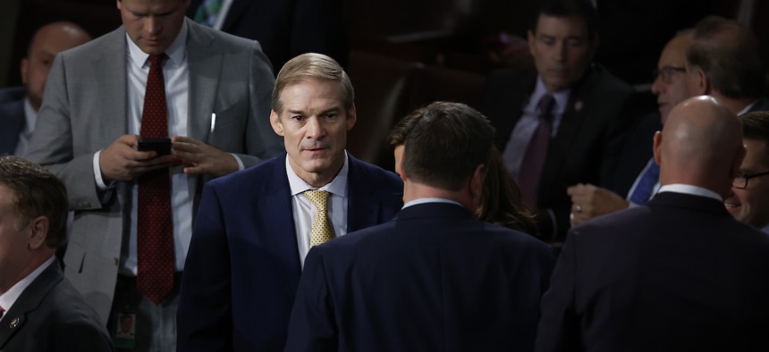 Rep. Jim Jordan, R-Ohio, walks off the floor as the House of Representatives meets to elect a new Speaker of the House at the U.S. Capitol on Oct. 17, 2023. The House has been without an elected leader since Rep. Kevin McCarthy, R-Calif., was ousted from the speakership on Oct. 4 in a move led by a small group of conservative members of his own party. .