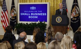President Joe Biden delivers remarks while hosting the Small Business Administration's Women's Business Summit in the East Room of the White House on March 27, 2023. The agency’s inspector general said an examination of some federal contracts awarded to small businesses revealed provisions that direct larger companies to take a lion’s share of the work.
