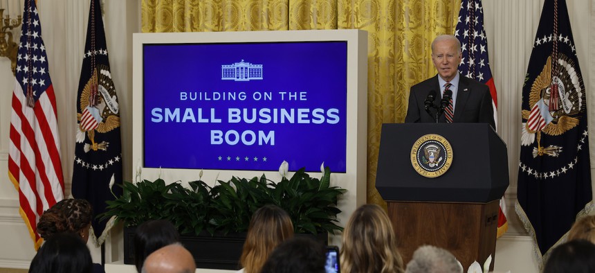 President Joe Biden delivers remarks while hosting the Small Business Administration's Women's Business Summit in the East Room of the White House on March 27, 2023. The agency’s inspector general said an examination of some federal contracts awarded to small businesses revealed provisions that direct larger companies to take a lion’s share of the work.