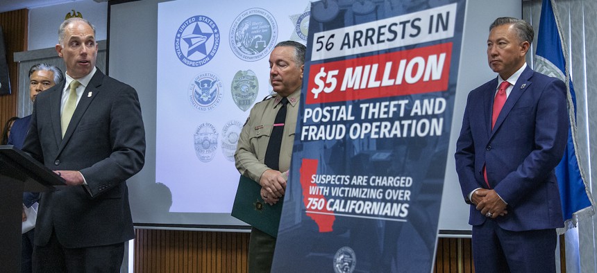 An October 2022 press conference at the U.S. Postal Inspection Service in Pasadena, announced the arrest of 56 individuals involved in a widespread mail theft and postal fraud operation resulting in the theft of nearly $5 million from hundreds of people.  