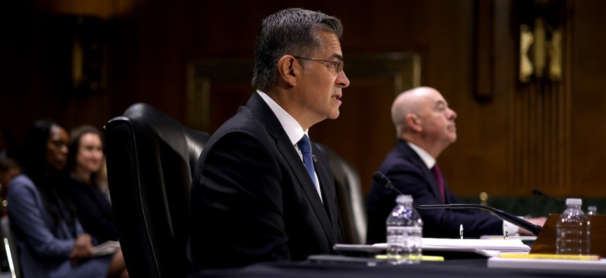 Health and Human Services Secretary Xavier Becerra (left) and Homeland Security Secretary Alejandro Mayorkas testify during a hearing before Senate Appropriations Committee on Nov. 8, 2023. 