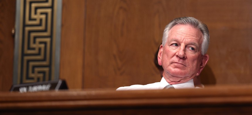 Sen. Tommy Tuberville, R-Ala., participates in a Senate Health, Education, Labor and Pensions Committee hearing on unions on Nov. 14, 2023. Tuberville has been holding up the confirmation of military nominees to protest a Pentagon abortion policy. 