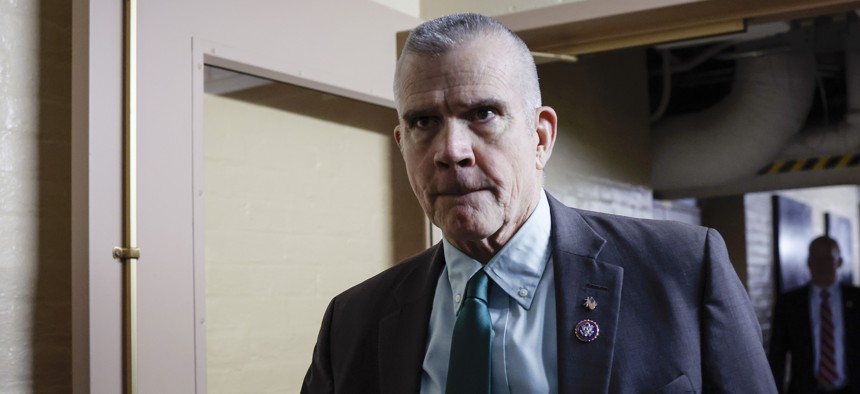Rep. Matthew Rosendale, R-MT, arrives to a meeting with House Republicans at the U.S. Capitol Building on Oct. 19, 2023 in Washington, DC.  Rosendale said Monday he would be introducing legislation to improve oversight of VA's benefits programs. 