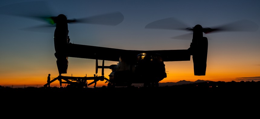A U.S. Marine Corps MV-22B Osprey tiltrotor aircraft lands after completing an air delivered ground refueling during Resolute Dragon 23 in Kumamoto, Japan, Oct. 19, 2023.