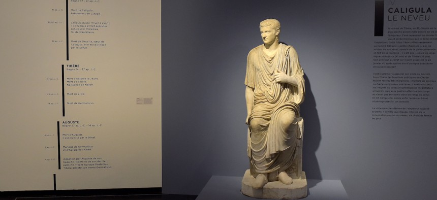 A statue of the Roman Emperor Caligula, on display during an exhibition about the Emperor Claude in November 2018 at the Beaux-Arts Museum in Lyon, France.