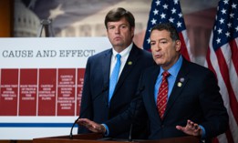 Chairman Mark Green, R-Tenn., right, and Rep. Dale Strong, R-Ala., conduct a June 14, 2023, news conference ahead of the House Homeland Security Committee hearing to "Examine Secretary Mayorkas' Dereliction of Duty."
