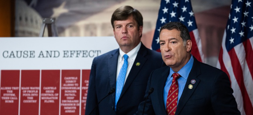 Chairman Mark Green, R-Tenn., right, and Rep. Dale Strong, R-Ala., conduct a June 14, 2023, news conference ahead of the House Homeland Security Committee hearing to "Examine Secretary Mayorkas' Dereliction of Duty."