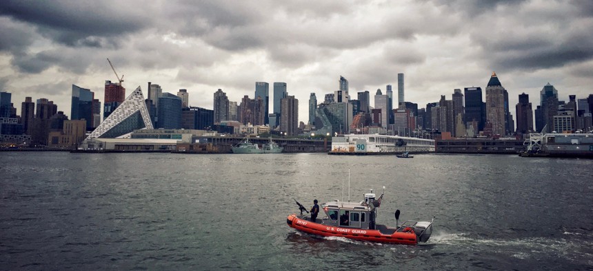 The Coast Guard patrols New York City's Hudson River on a stormy day in 2016. A new GAO report has found cost-of-housing challenges for some Coast Guard personnel. 