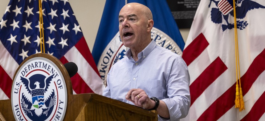 Homeland Security Secretary Alejandro Mayorkas holds a press conference at a U.S. Border Patrol station on Jan. 8, 2024 in Eagle Pass, Texas. 
