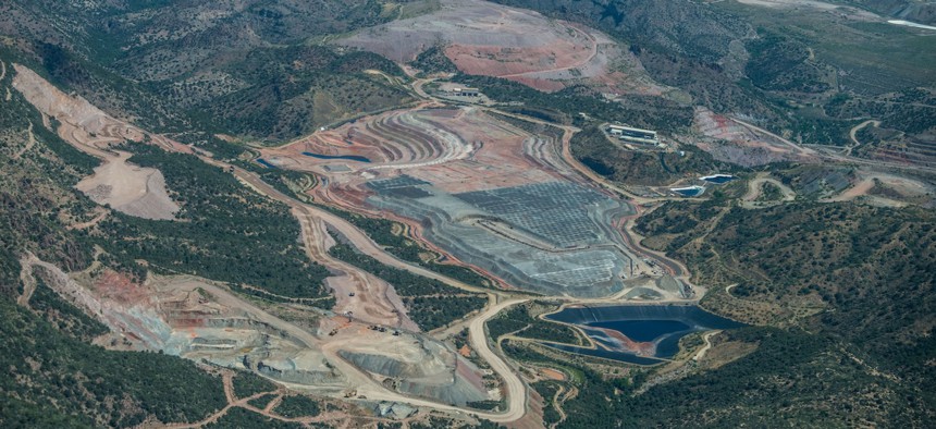 Aerial view of the Pinto Valley copper mine, located on private and U.S. national forest lands in Gila County, Ariz.