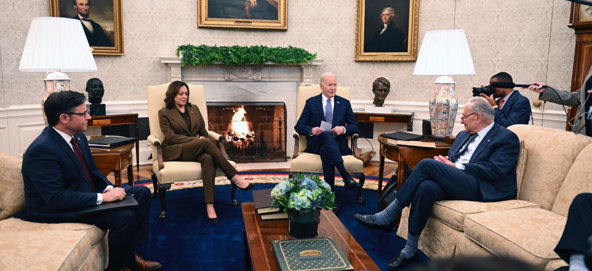 President Joe Biden and Vice President Kamala Harris met with Senate Minority Leader Mitch McConnell, R-Ky, House Speaker Mike Johnson, R-La., Senate Majority Leader Chuck Schumer, D-N.Y., House Minority Leader Hakeem Jeffries, D-N.Y., on Feb. 27 at the White House to discuss legislation to keep federal funding going past midnight on Friday.