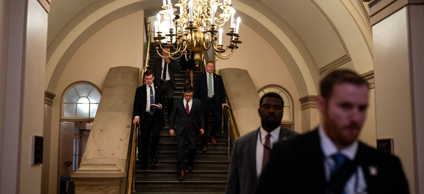 House Speaker Mike Johnson, R-La., arrives for a House Republican conference meeting on Capitol Hill on March 6. Fiscal year 2024 funding would be covered under a proposed six-bill spending package that was released on March 3. 