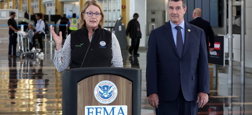 FEMA Administrator Deanne Criswell and TSA Administrator David Pekoske during a news conference at Washington National Airport in September 2023 .
