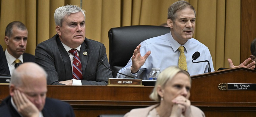 House Judiciary Committee Chairman Jim Jordan, R-Ohio, top right, questions a witness during a  hearing on March 12, 2024.