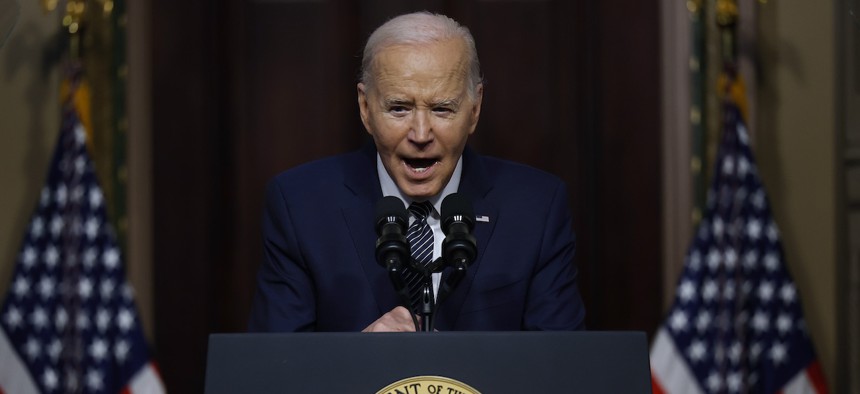 President Biden delivers remarks  in the Eisenhower Executive Office Building on April 3, 2024.