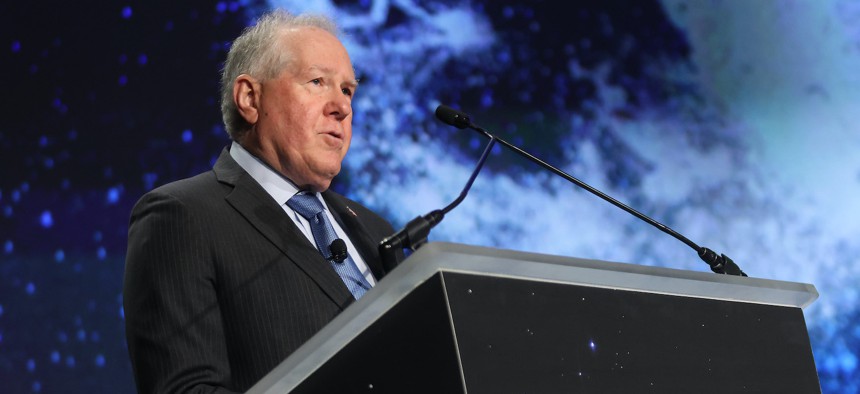 Secretary of the Air Force Frank Kendall speaks to attendees at the 39th Space Symposium in Colorado Springs, Colorado, April 10, 2024.