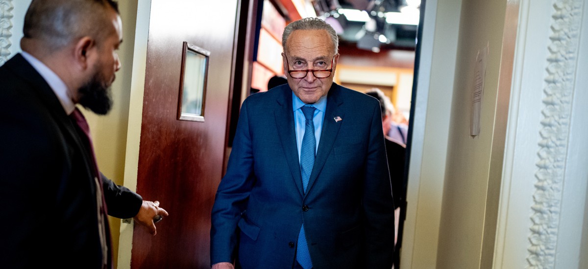 Senate Majority Leader Chuck Schumer, D-N.Y., leaves a news conference after impeachment proceedings against Homeland Security Secretary Alejandro Mayorkas conclude on Capitol Hill on April 17.