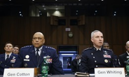 U.S. Strategic Command leader Gen. Anthony Cotton (L) and U.S. Space Force Commander Gen. Stephen Whiting sit before the start of a hearing with the Senate Armed Services Committee on February 29, 2024, in Washington, DC. 