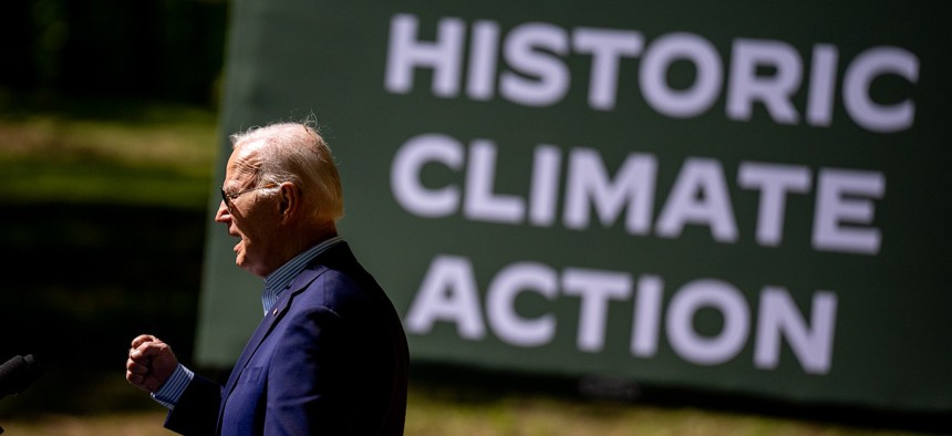 President Biden speaks on Earth Day at Prince William Forest Park on April 22, 2024 in Triangle, Va. Biden announced his American Climate Corps initiative, while commemorating the 54th anniversary of Earth Day, started in 1970 to raise awareness and support for environmental protection. 