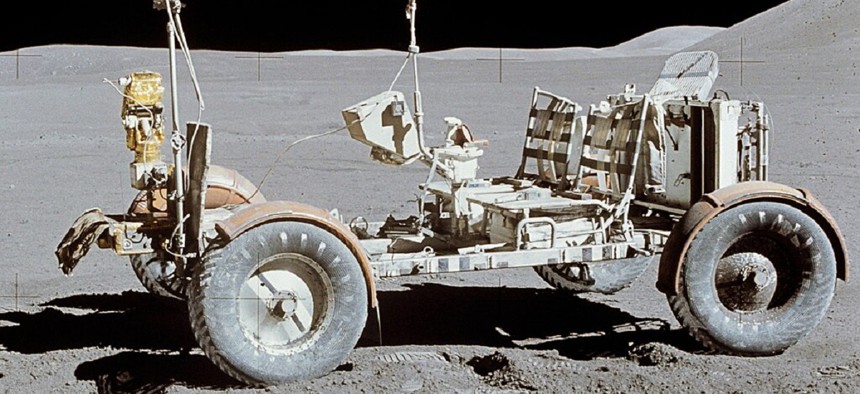 The U.S. Apollo Lunar Roving Vehicle from Apollo 15 on the Moon in 1971. 