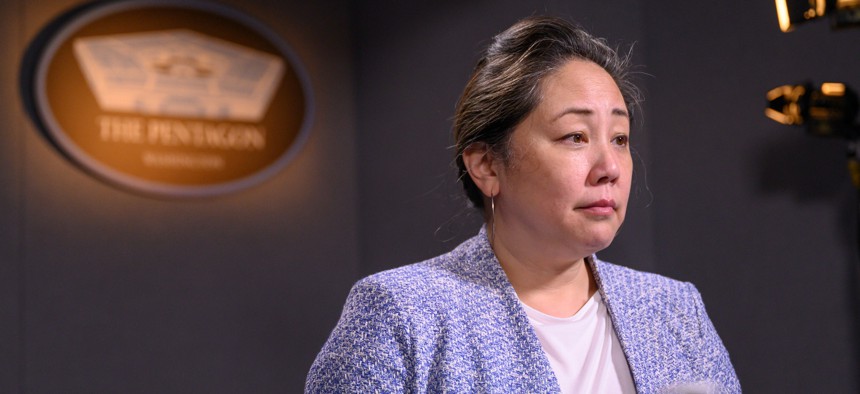 Deputy Assistant Secretary of Defense for Cyber Policy Mieke Eoyang speaks during Cybercon, virtually, at the Pentagon, Washington, D.C., Nov. 10, 2021. Eoyang told attendees of the 2024 RSA conference in San Francisco, California that foreign adversaries were eyeing space assets as targets for cyber action.