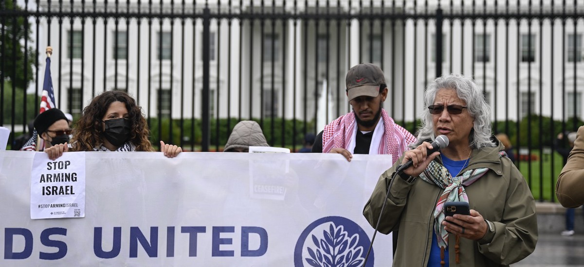 A protest organized by Feds United for Peace outside the White House on May 15 included several federal employees speaking out against the ongoing Israel-Gaza conflict.  