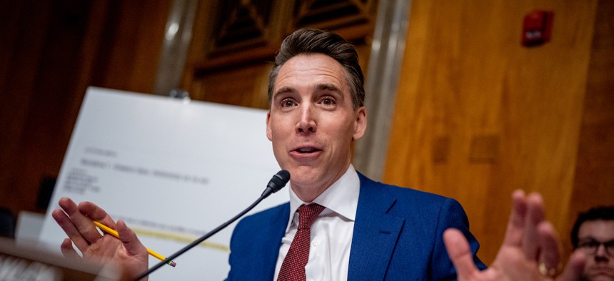 Sen. Josh Hawley, R-Mo., during a Senate Homeland Security and Governmental Affairs committee hearing on April 18, 2024. The panel last week advanced a bill he sponsored to stop contractors from working for the Chinese and U.S. governments.
