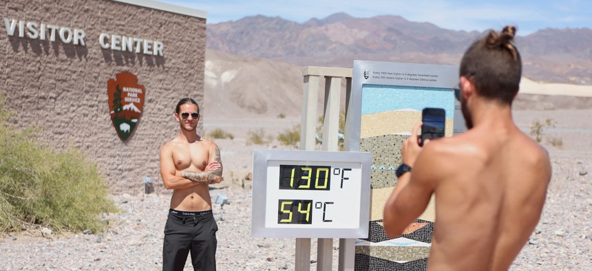 Tourists at Furnace Creek Visitor Center during a heat wave in Death Valley National Park in California, on July 16, 2023. The Department of Health and Human Services just launched an online tool to share data on extreme heat risks across the country.