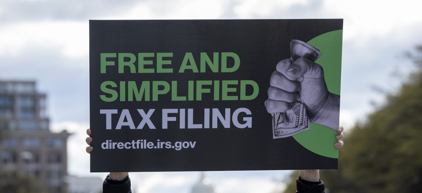 A sign touting IRS Direct File at the tax agency's Washington, D.C. headquarters on April 5, 2024.