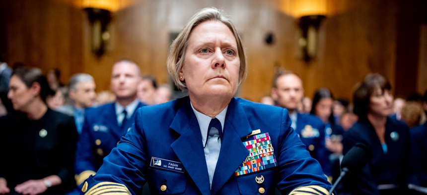 U.S. Coast Guard Commandant Adm. Linda Fagan arrives for a Senate Homeland Security and Governmental Affairs Subcommittee on Investigations hearing on Capitol Hill on June 11, 2024 about sexual assault and harassment in the Coast Guard.