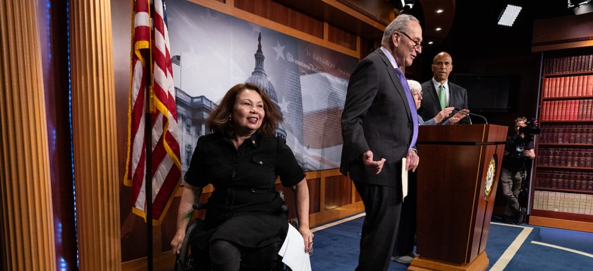 Sen. Tammy Duckworth, D-Ill., departs a press conference following a vote to protect access to IVF treatment on Capitol Hill on June 13, 2024. The Senate failed to reach the 60 votes necessary to pass the "Right To IVF Act," introduced by Duckworth, who had two children through IVF. Democrats are expected to force a vote to enshrine protections for in vitro fertilization to ensure nationwide access to contraception. 