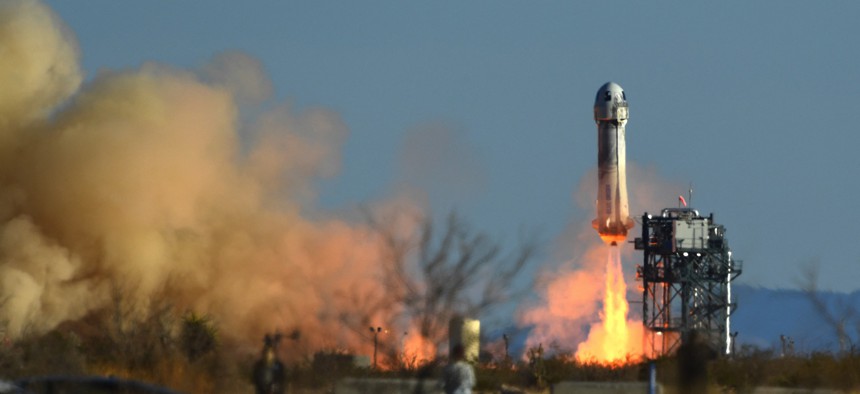 A Blue Origin New Shepard rocket launches from Launch Site One in West Texas north of Van Horn on March 31, 2022.