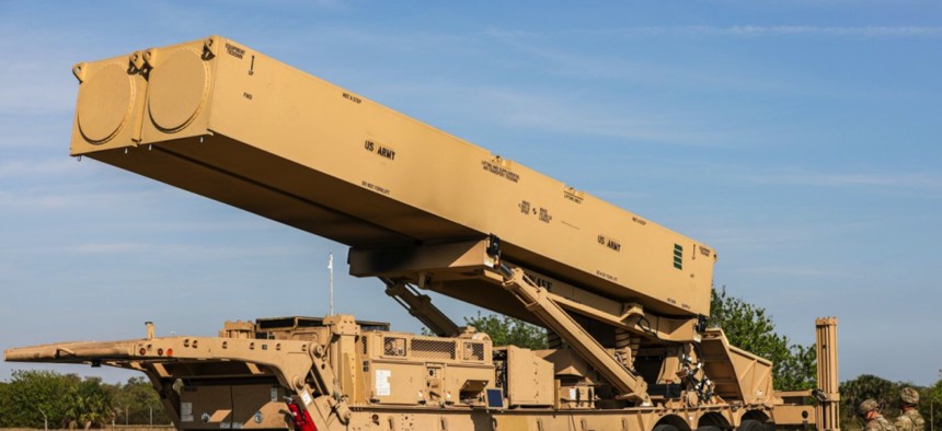 U.S. Army soldiers assigned to a multi-domain artillery battery practice operating the new Long-Range Hypersonic Weapon (LRHW) at Cape Canaveral Space Force Station, Florida, on March 3, 2023.
