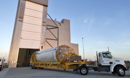 The Centaur upper stage that will help launch NOAA's Geostationary Operational Environmental Satellite arrives at the Delta Operations Center at Cape Canaveral Air Force Station, January 18, 2018.