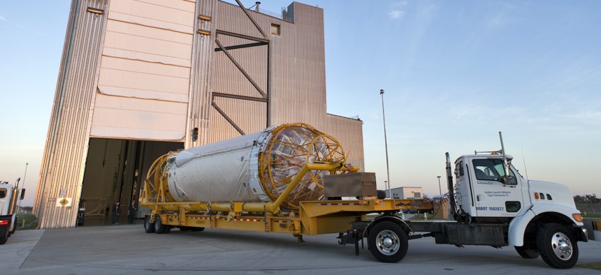 The Centaur upper stage that will help launch NOAA's Geostationary Operational Environmental Satellite arrives at the Delta Operations Center at Cape Canaveral Air Force Station, January 18, 2018.