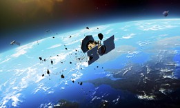 Artwork showing two of the potential dangers of low-Earth orbit. 
