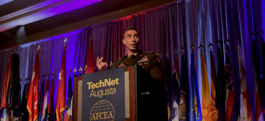 Maj. Gen. Paul Stanton welcomes attendees to AFCEA’s TechNet Augusta 2022. Stanton has been nominated to serve as the head of DISA and JFHQ-DODIN.