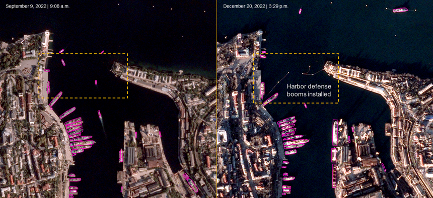 BlackSky sat images showing the addition of defensive naval structures at the Russian port of Sevastopol between September 9 and December 20, 2022