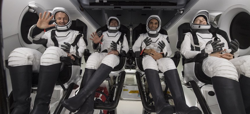 Crew members from the Inspiration4 mission. New research looks at the biological effects of their short trip to space.