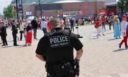 A Secret Service officer patrols the grounds of the 2024 Republican National Convention at the Fiserv Forum on July 16 in Milwaukee. 