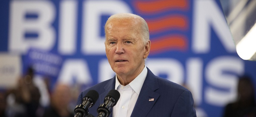 President Biden speaks to supporters at a campaign event at Renaissance High School on July 12, 2024 in Detroit. The president faces calls from an increasing number of Democratic legislators, donors, political pundits, and media outlets to end his campaign and not seek reelection.