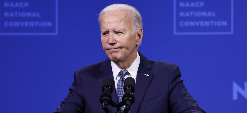 President Joe Biden speaks at the 115th NAACP National Convention at the Mandalay Bay Convention Center on July 16 in Las Vegas, Nevada. The White House reported that Biden tested positive for COVID-19 shortly after the event.