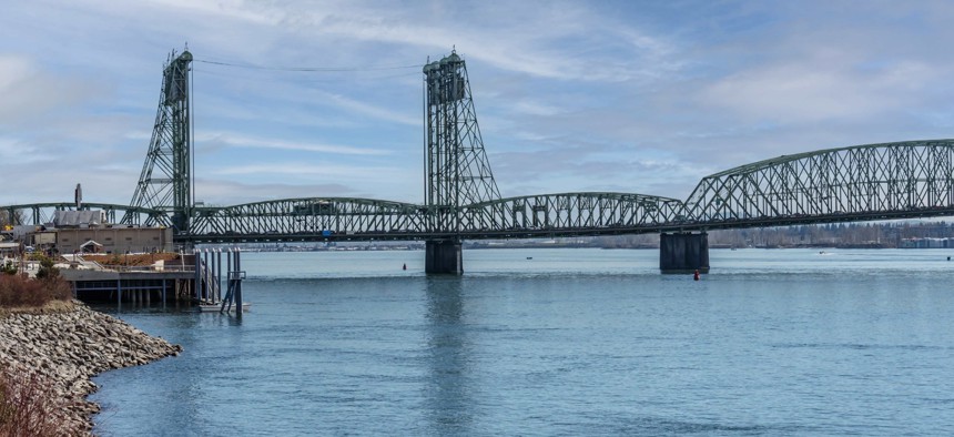 The Columbia River (I-5) Bridge crosses the river and connects Washington to Oregon.