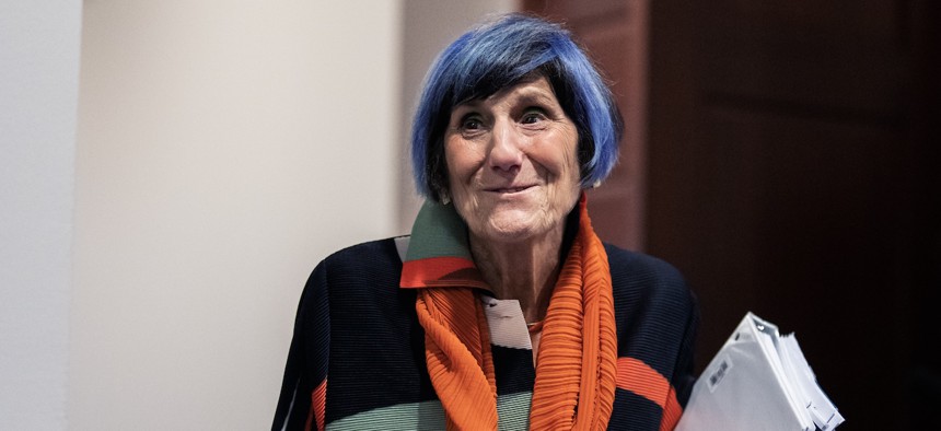 Rep. Rosa DeLauro, D-Conn., arrives for a meeting of the House Democratic Caucus in the Capitol Visitor Center on July 23, 2024. 