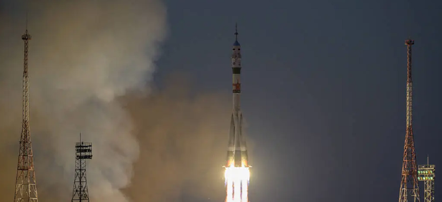 The Soyuz MS-22 rocket launches three Expedition 68 crew members to the International Space Station.