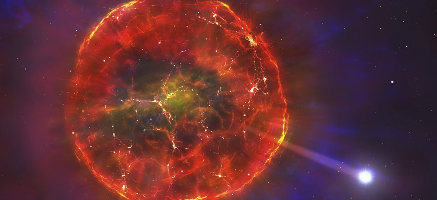 This illustration, commissioned by Warwick University for a press release, shows a supernova remnant, ejecting a white dwarf at high speed.