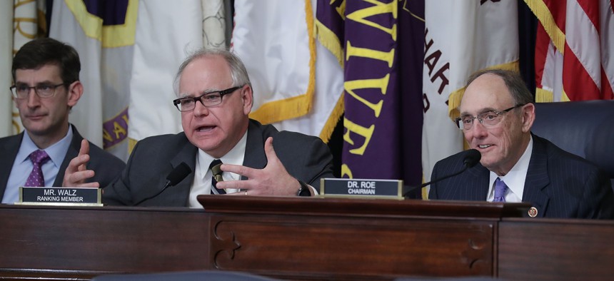 House Veterans Affairs Committee ranking member Rep. Tim Walz, D-Minn., and Chairman Phil Roe, R-Tenn., listen to testimony during a hearing about ongoing reforms at the Veterans Affairs Department on March 7, 2017.